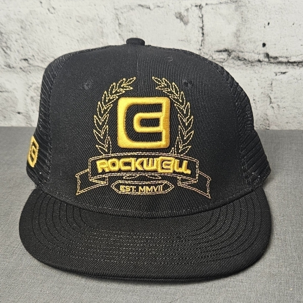 Rockwell Black Gold Snapback Trucker Hat Flat Brim Adjustable Cap